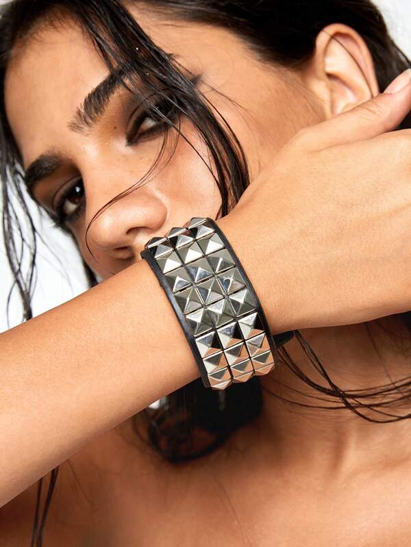 Grunge Punk 1pc Women Pyramid Studded Bracelet, Gothic Style, Silver Color, Halloween