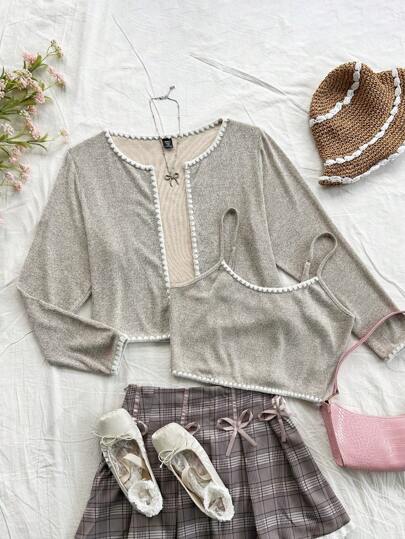 Dreamara Plus Size Vacation Size Women's Casual Apricot Suspender Shell Lace Elastic Slim Fit Fleece Vest And Cardigan Women's Top Two-Piece Set