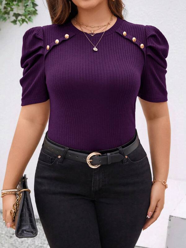 SHEIN Clasi Plus Size Women Metal Button Decorated Round Neck Short Puff Sleeve Rib T-Shirt, Summer