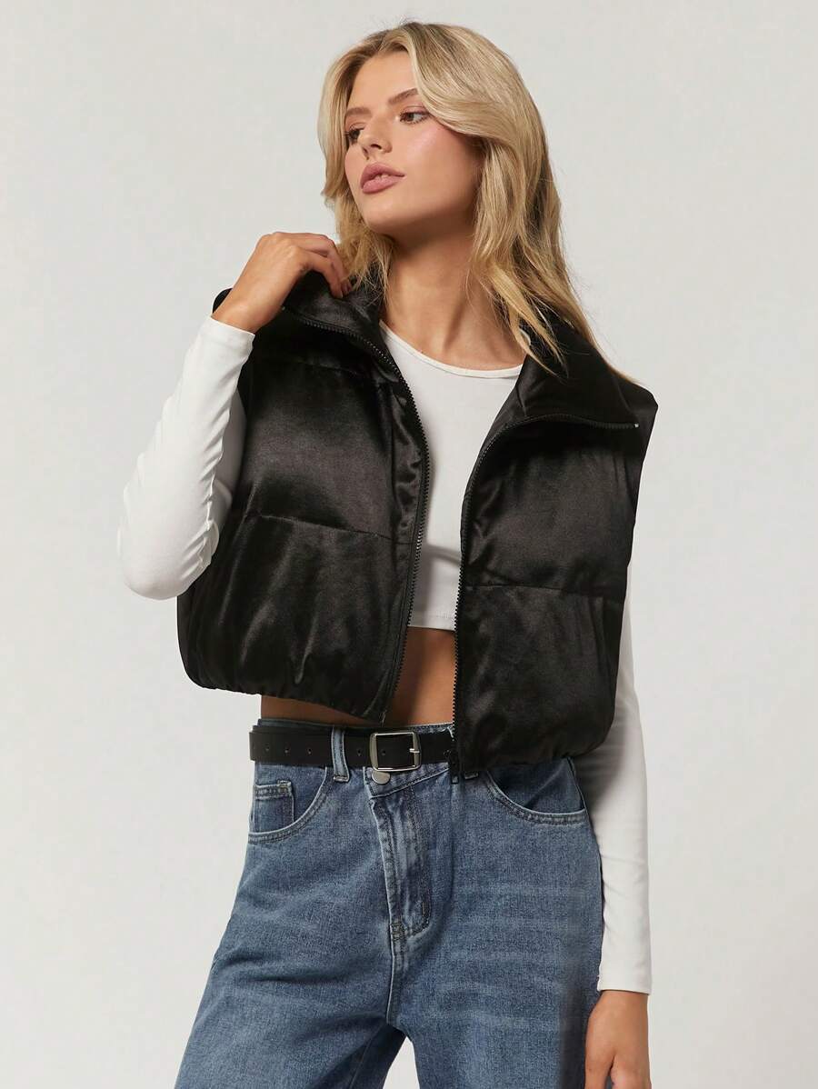 SHEIN EZwear Chaleco negro sin mangas corto para mujer, invierno - Negro - Ver 1