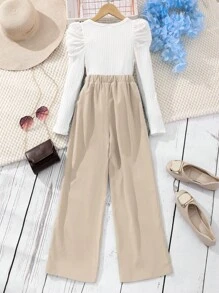 SHEIN 2 件套 Tween 女童纯色圆领羊腿袖 T 恤和阔腿裤休闲装，春/秋