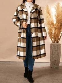 Plus Size Women's Long Sleeve Single-Breasted Long Casual Plaid Overcoat, Spring Autumn Fall Cloth For Women - Khaki - View 4