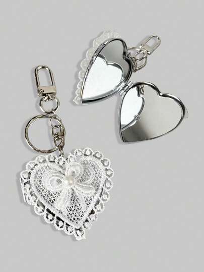 Kawaii 1pc Lace Heart Bow Decor Mirror Keychain, Vintage Y2K Cute Versatile Bag Charm Valentines