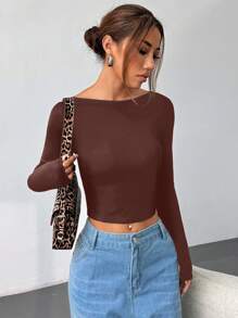 SHEIN EZwear Women Brown Backless Long Sleeve Cropped Fitted Sexy T-Shirt, Fall Top