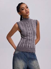 SHEIN EZwear Women's Fall/Winter Streetwear Cable-Knit Flannelette Sweater Vest