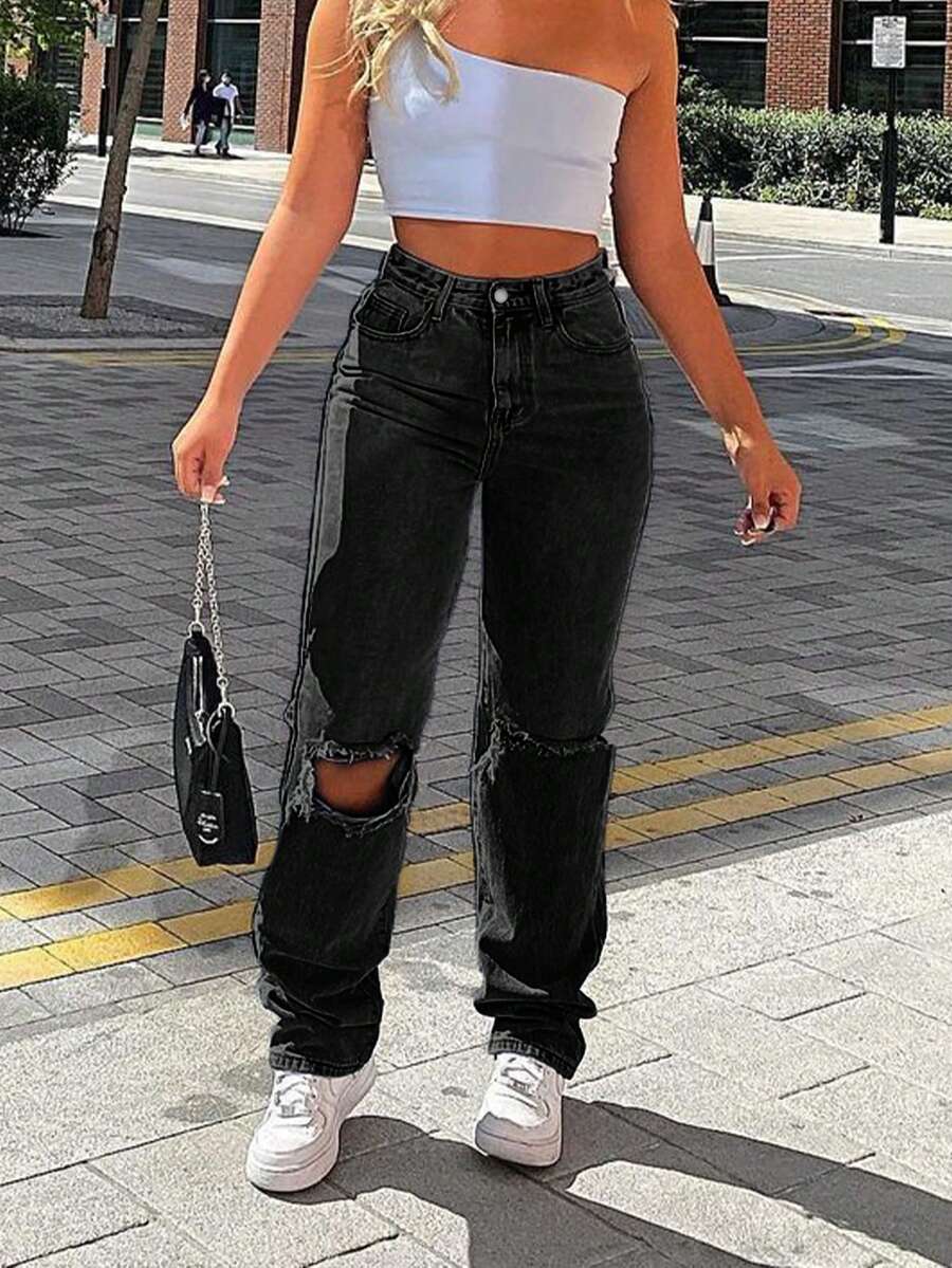 Women's Casual Knee Ripped Cone Denim Jeans With Pocket - Black - View 1