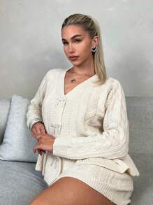 Chiquease 2pcs Women's Solid Color Bow Decor Long Sleeve Ruffle Cardigan And Knitted Midi Skirt Casual Set, Fall/Winter