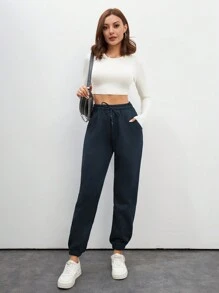 Cottnline 高腰女式抽绳纯色慢跑裤 - 藏蓝色 - 查看 3