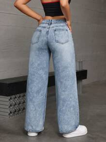 SHEIN EZwear 女士纯色做旧口袋宽松牛仔裤 - 淺色水洗藍 - 查看 2