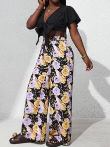 Breezaya Women's Straps Short Strappy Ruffle Sleeve Solid Color Top + Printed Pants Color Block Two-Piece Set - Black - View 5