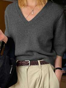 DAZY Áo len chui đầu màu trơn cổ chữ V cho nữ, trang phục thường ngày khi trở lại trường vào mùa thu - Màu xám đen - Xem 5