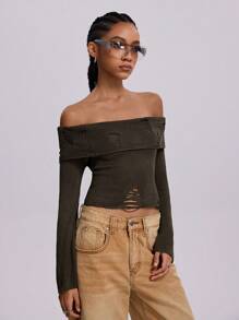 SHEIN EZwear Women's Fall/Winter Y2K Western Flannelette Cut Out Off Shoulder Sweater,Music Festival - Army Green - View 6