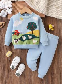 SHEIN 2 pièces Ensemble de pull et pantalon casual pour bébé garçon, avec pull à col ras du cou tricoté à manches longues avec imprimé paysage naturel, voiture, vache, mouton, et pantalon tricoté confortable et chaud, convient pour les saisons d'automne et d'hiver, convient pour le port quotidien, les sorties et les voyages - Bleu azur - Voir 1