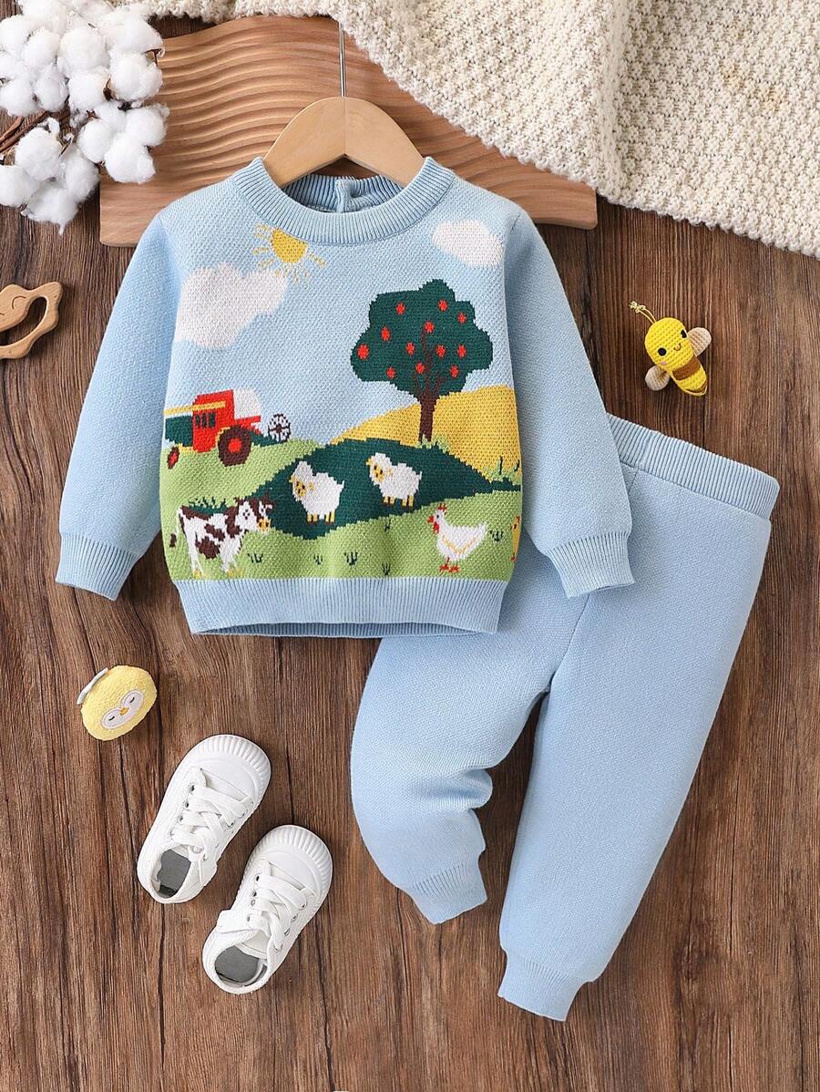 SHEIN 2 pièces Ensemble de pull et pantalon casual pour bébé garçon, avec pull à col ras du cou tricoté à manches longues avec imprimé paysage naturel, voiture, vache, mouton, et pantalon tricoté confortable et chaud, convient pour les saisons d'automne et d'hiver, convient pour le port quotidien, les sorties et les voyages - Bleu azur - Voir 1