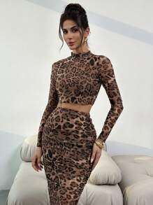 Firerie 2pcs Women Summer Autumn Sexy Elegant Leopard Print Mesh Bodycon Long Sleeve Crop Top And High Waist Ruched Skirt Set