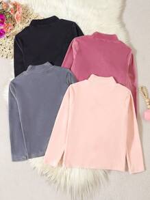 4pcs Girls' Simple & Fashionable Solid Color Velvet Turtleneck Thermal Underwear Set - Multicolor - View 2