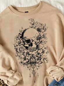 SHEIN LUNE Casual Minimalist Skull Pattern Crew Neck Loose Fit Thick Plus Size Sweatshirt, Autumn/Winter