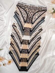 12pcs/Pack Leopard Print Breathable Mesh Comfort Letter Trim Triangular Briefs - Multicolor - View 1