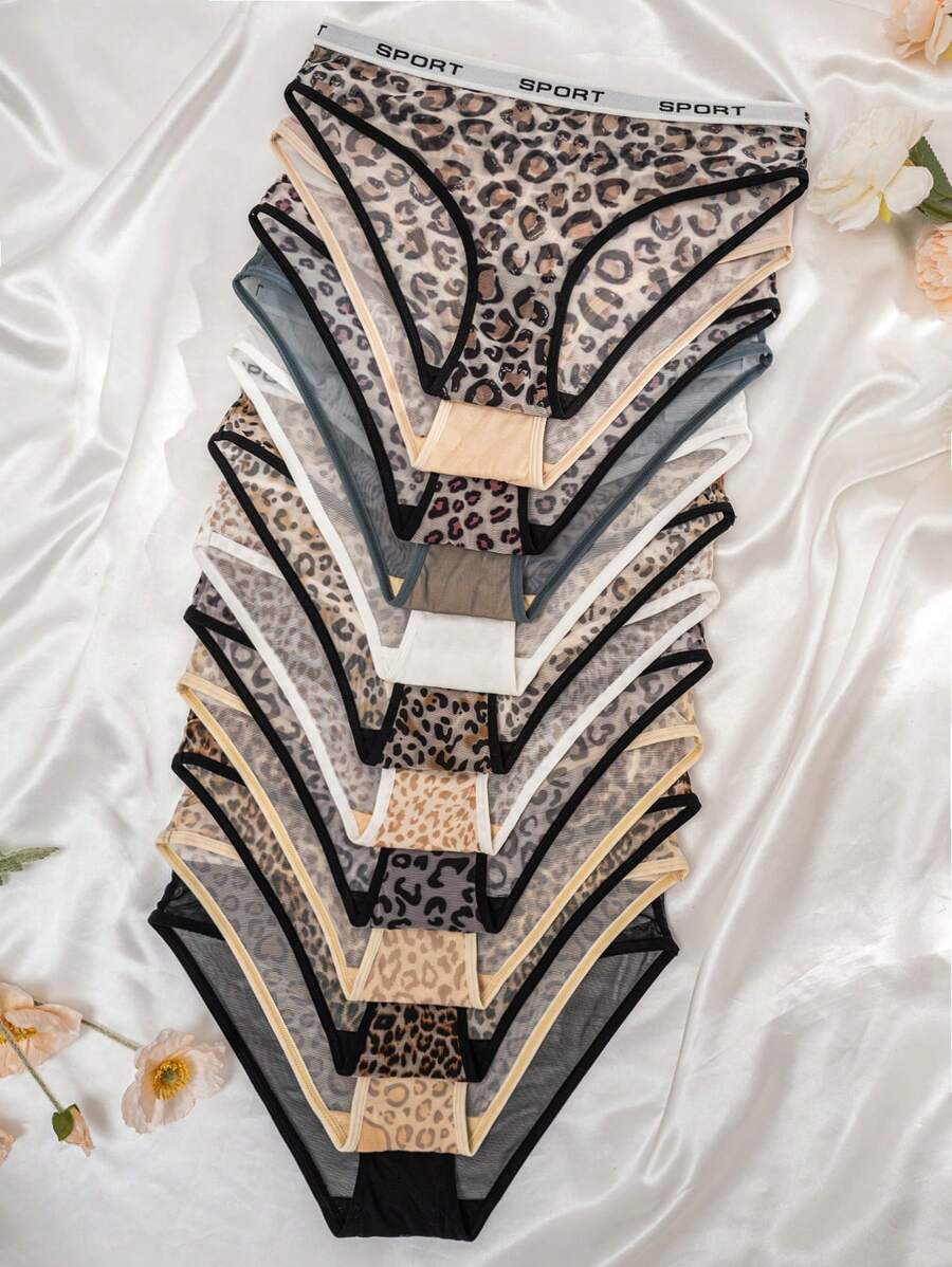 12pcs/Pack Leopard Print Breathable Mesh Comfort Letter Trim Triangular Briefs - Multicolor - View 1