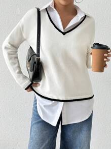 Chiquease 女士休闲V领撞色滚边宽松毛衣（不含衬衫）针织套头衫 秋冬 - 白色 - 查看 3
