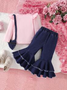 Baby Girl Cartoon Unicorn Printed Ruffled Crew Neck Long Sleeve Top And Tiered Flared Jeans With Heart Shaped Crossbody Bag Casual Outfit - Pink - View 2
