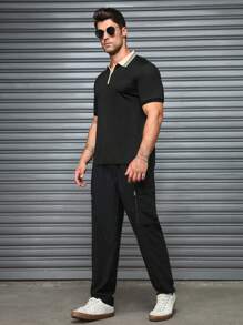 Manfinity Homme Men's Geometric Print Half-Zip Short Sleeve Polo Shirt - Black - View 5