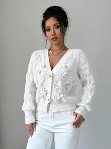 Elenzga Áo len cardigan họa tiết nơ trơn màu đơn giản cho nữ, Thu/Đông - trắng - Xem 6