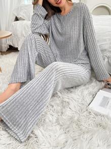 Bộ đồ mặc nhà giản dị cài nút ve áo chải có họa tiết (Áo dài tay và quần dài) - Xám - Xem 5