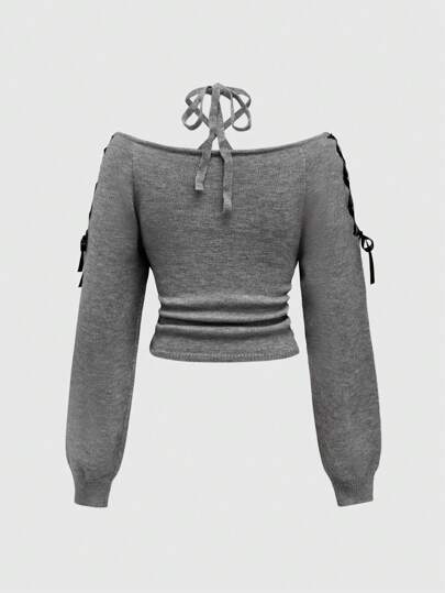 Kawaii Off-Shoulder Bow-Tie Knit Sweater For Women, Grey