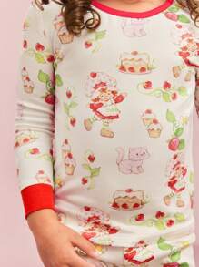 Strawberry Shortcake X SHEIN Conjunto de pijamas para meninas, 2 peças, estampa de desenho animado, camiseta casual e leggings, ajuste confortável, para o Natal