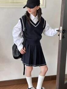 DAZY Tween Girl V-Neck Sweater Set, Fall Outfit,Back To School Clothes - Navy Blue - View 5