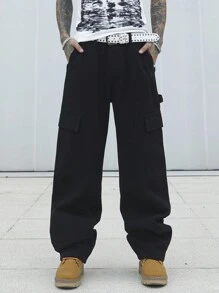Manfinity LEGND Jeans casual larghi e diritti di colore unito con tasche utility per uomo taglie forti