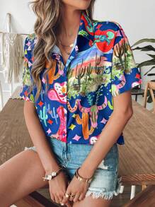 SHEIN VCAY Blusa de verano suelta y casual con estampado, de tejido para mujer de vacaciones - Multicolor - Ver 5