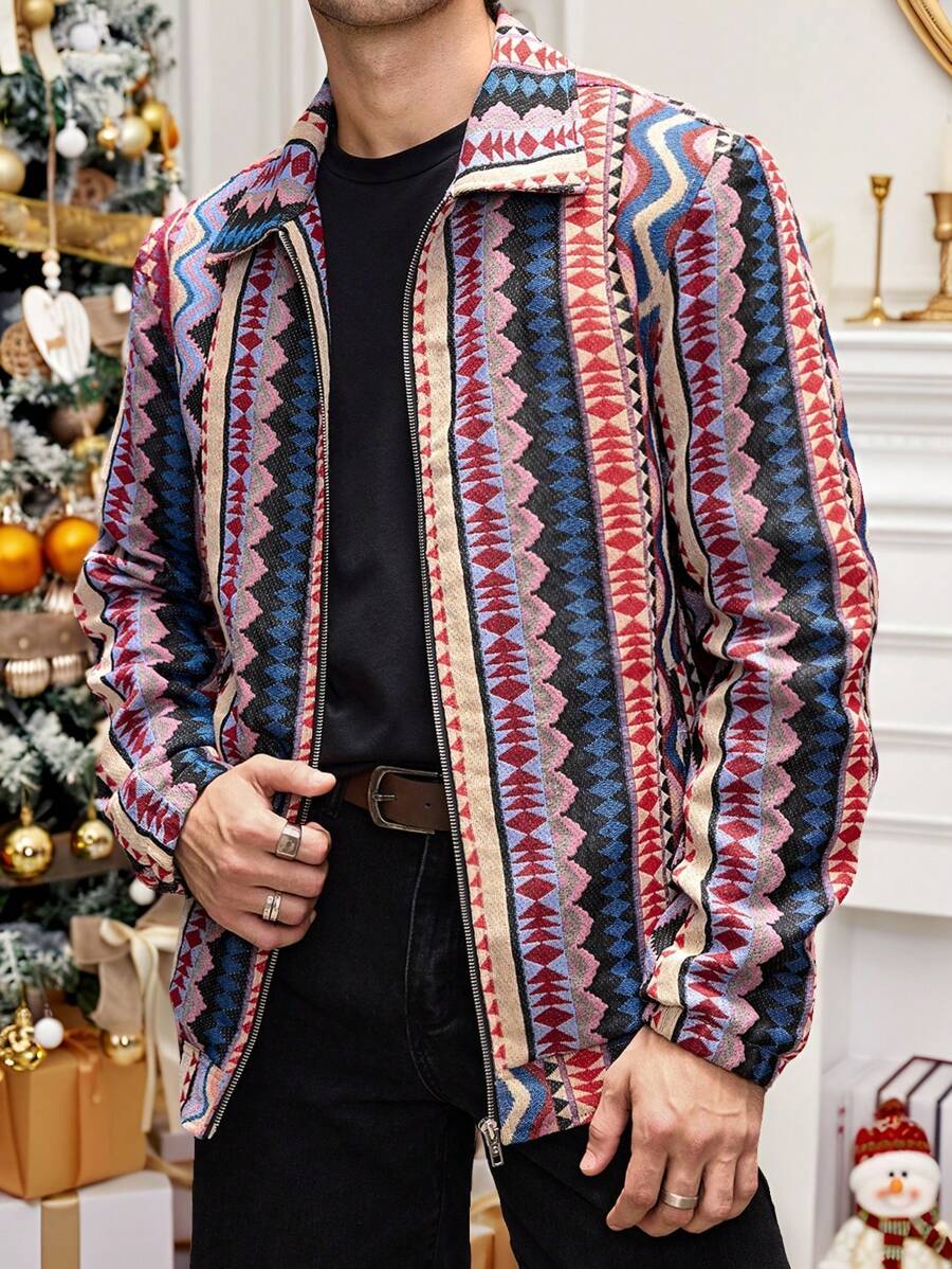 Manfinity VCAY Men's Woven Jacquard Regular Fit Turndown Collar Casual Jacket, Suitable For Autumn And Winter - Multicolor - View 1