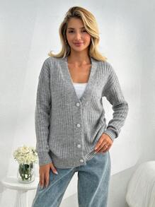 SHEIN Cottnline Women Solid Color Rib Knit Hairy Yarn Front Button Cardigan - Light Grey - View 5