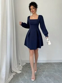 Rafferiza 女士优雅纯色方领系带中长连衣裙，秋季 - 寶藍色 - 查看 4