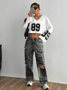 StreetHx Casual Number & Star Print Mesh Contrast Long Sleeve T-Shirt - White - View 4