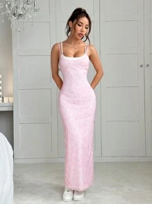 SHEIN EZwear 蕾丝拼布撞色无袖吊带裙 - 粉色 - 查看 4