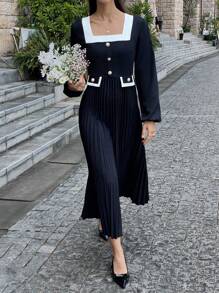 Chiquease Elegant Commute Style Black Patchwork Long Sleeve Midi Dress With Pleated Hem For Daily Wear, Spring Autumn - Black and White - View 3