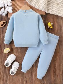 SHEIN 2 pièces Ensemble de pull et pantalon casual pour bébé garçon, avec pull à col ras du cou tricoté à manches longues avec imprimé paysage naturel, voiture, vache, mouton, et pantalon tricoté confortable et chaud, convient pour les saisons d'automne et d'hiver, convient pour le port quotidien, les sorties et les voyages - Bleu azur - Voir 2