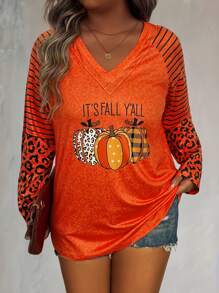 SHEIN LUNE Plus Size Women Slogan & Pumpkin Printed Long Sleeve Casual T-Shirt, Spring Autumn Fall Top