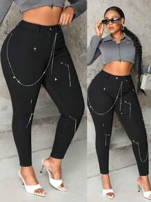 SHEIN SXY 大码牛仔裤 黑色紧身弹力牛仔裤 街头风格 万圣节派对裤子 牛仔裤 女牛仔牛仔裤 万圣节风俗 女士万圣节服装 秋季女士裤子 万圣节裤子 - 黑色 - 查看 1