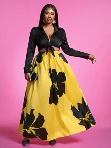 Slaydiva Plus Size Women Elastic Waist Floral Print Elegant A-Line Skirt