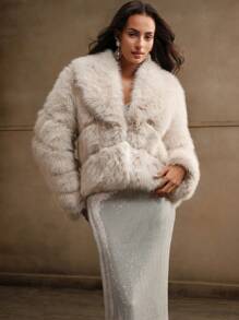 Anewsta Women's Elegant Fluffy Collar Short Jacket - Beige - View 6