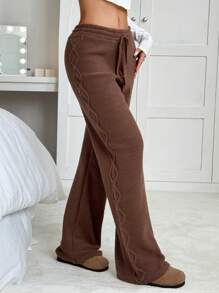 SHEIN EZwear Ladies Solid Color Waist Tie Chunky Knit Sweater And Wide Leg Pants Set In Fall/Winter - Brown - View 4