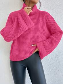 Calvaya Suéter de cuello alto suelto de un solo color con hombros caídos, otoño e invierno, para mujer
