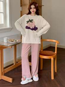 DAZY Cute Strawberry Pattern Half-Fleece Jacquard Warm Sleepwear Set Pajama