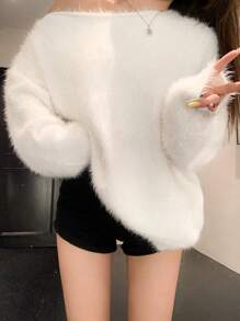 DAZY Women's Asymmetric Hem Fuzzy Knit Sweater With Shawl Collar, Thick And Warm For Autumn/Winter - White - View 4