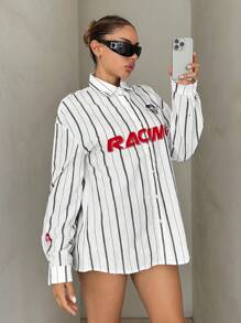 SHEIN ICON 徽章标语图案装饰条纹宽松前扣长袖超大衬衫