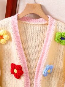 SHEIN Áo len cardigan dệt kim họa tiết hoa thủ công cho bé gái tuổi mới lớn, Thu/Đông - Màu vàng - Xem 4